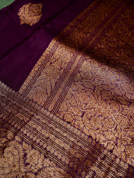 Wine Pure Kora Banarasi Handloom Saree - Antique Zari and Designer Border