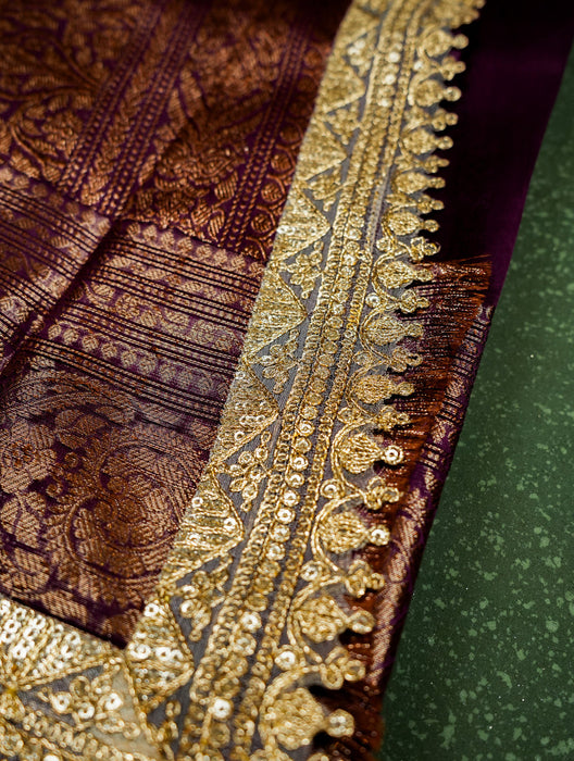Wine Pure Kora Banarasi Handloom Saree - Antique Zari and Designer Border