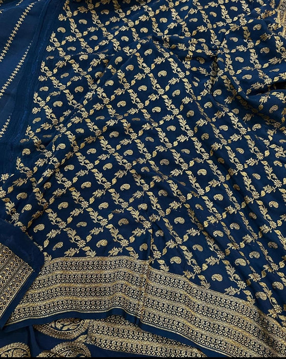 Teal Blue Pure Khaddi Crepe Banarasi Handloom Saree