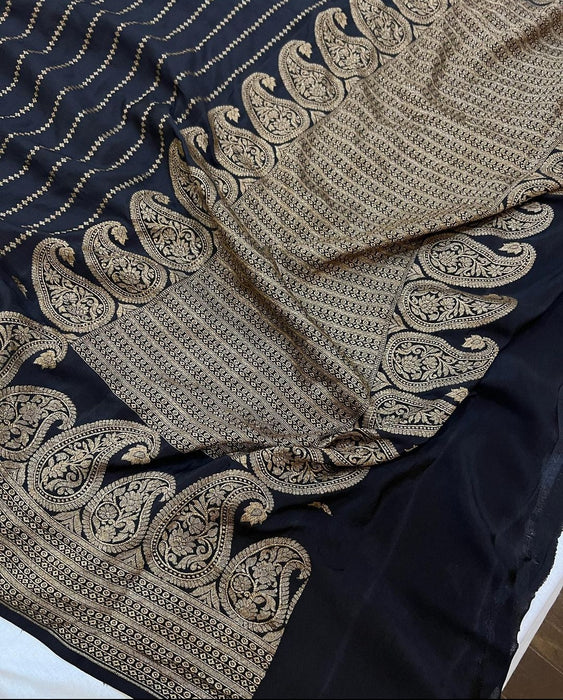 Black Pure Khaddi Crepe Banarasi Handloom Saree