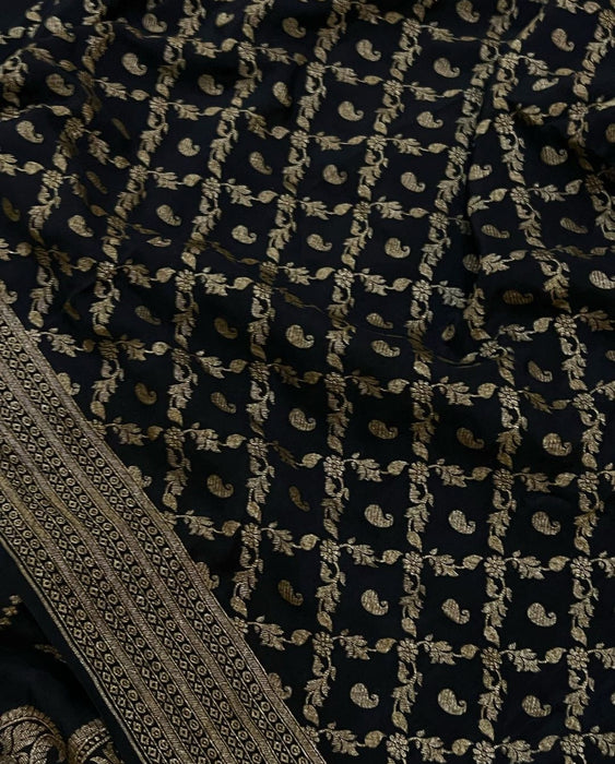 Black Pure Khaddi Crepe Banarasi Handloom Saree