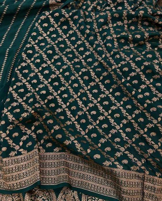 Bottle Green Pure Khaddi Crepe Banarasi Handloom Saree