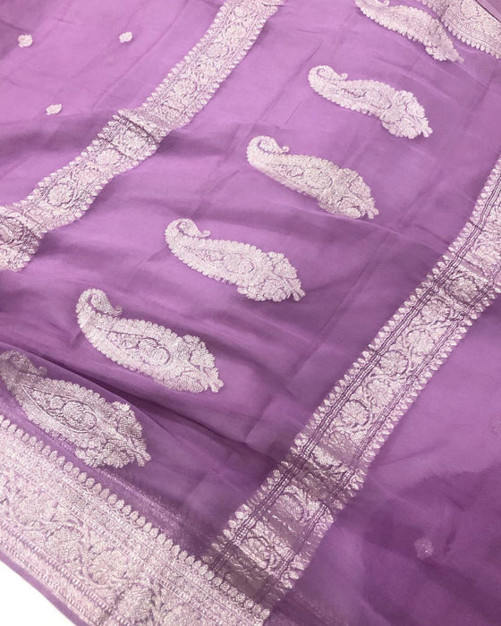 Pastel Lavender Pure Kadhwa Georgette Chiffon Banarasi Saree