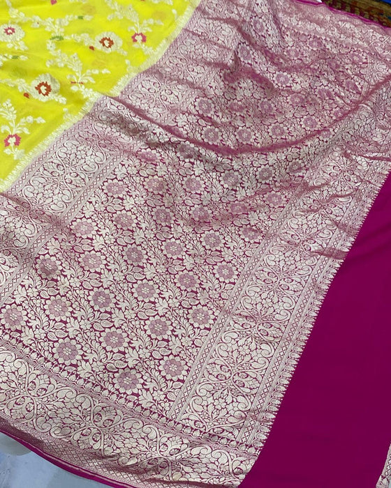 Yellow Khaddi Georgette Banarasi Handloom Saree - Meenakari