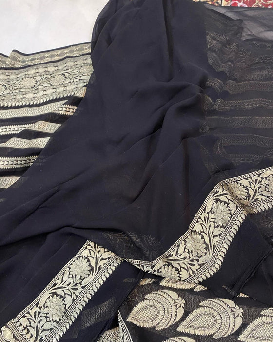 Black Pure Khaddi Georgette Banarasi Saree - Water zari