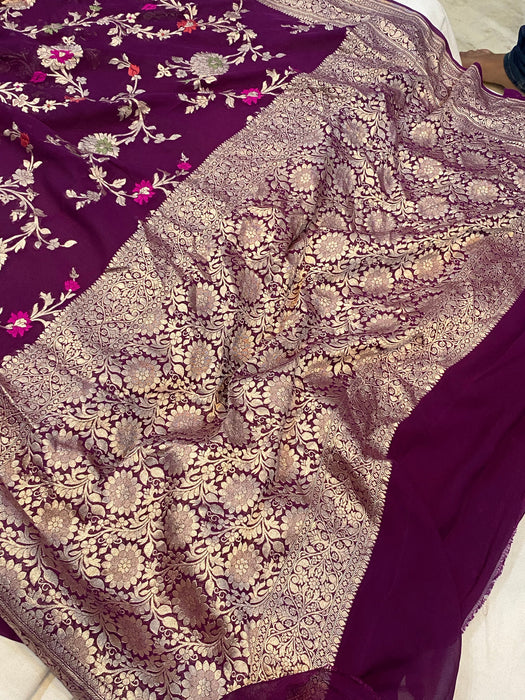 Wine Khaddi Georgette Banarasi Handloom Saree - Meenakari