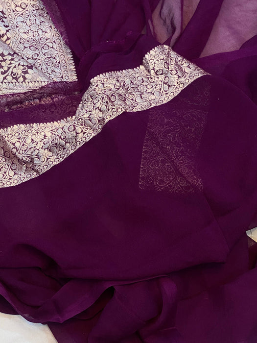 Wine Khaddi Georgette Banarasi Handloom Saree - Meenakari