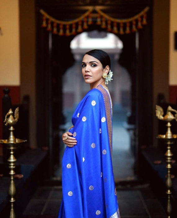 Shriya Pilgaonkar Blue Pure Katan Silk Banarasi Handloom Saree