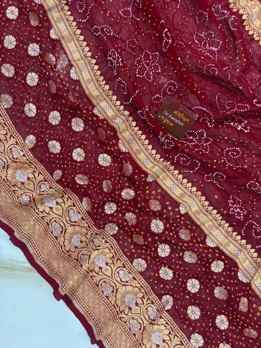 Handwoven Maroon Pure Georgette Bandhani Banarasi Saree - All over Bandhani Work
