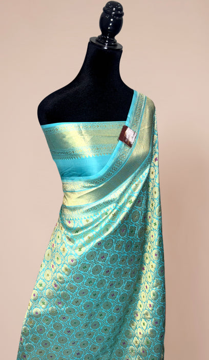 Turquoise Pure Katan Banarasi Handloom Saree - Meenakari Brocade Work