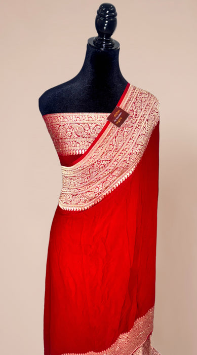 Red Khaddi Georgette Banarasi Handloom Saree - Water Zari