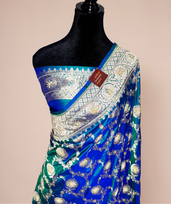 German Blue Pure Katan Banarasi Handloom Saree - All over Zardozi