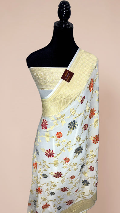 White Khaddi Georgette Banarasi Handloom Saree - Meenakari