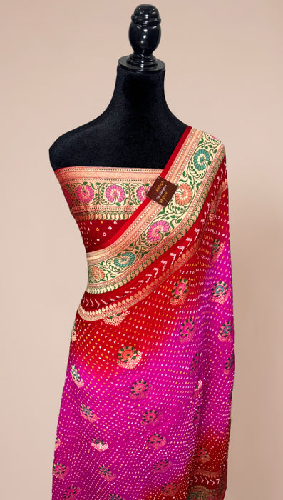 Handwoven Pure Georgette Bandhani Banarasi Saree - Meenakari