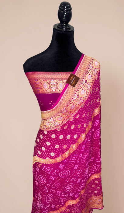 Handwoven Rani Pure Georgette Bandhani Banarasi Saree - All over Bandhani Work