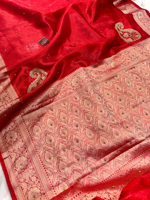 Red Pure Banarasi Tissue Handloom Saree - Handwork