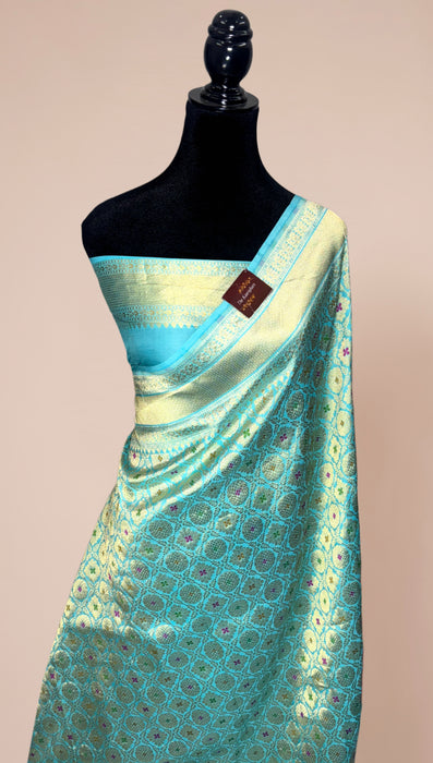 Turquoise Pure Katan Banarasi Handloom Saree - Meenakari Brocade Work