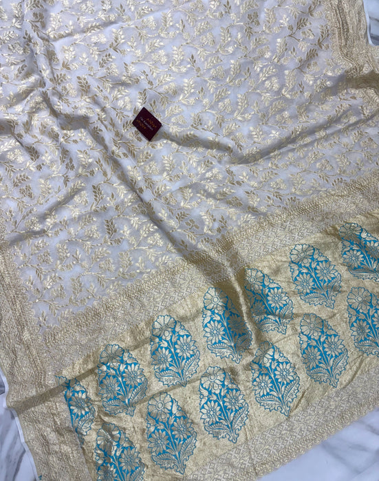 White Khaddi Georgette Banarasi Handloom Saree - Water Zari