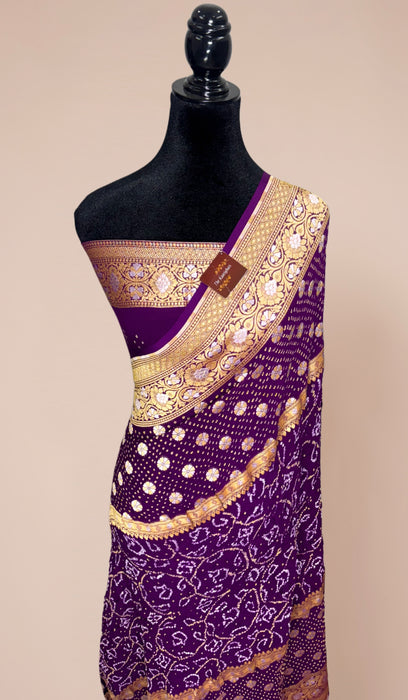Handwoven Wine Pure Georgette Bandhani Banarasi Saree - All over Bandhani Work