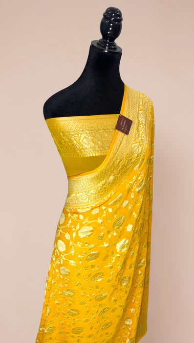Yellow Khaddi Georgette Banarasi Handloom Saree - Water Zari