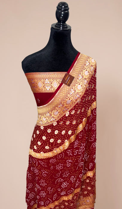 Handwoven Maroon Pure Georgette Bandhani Banarasi Saree - All over Bandhani Work