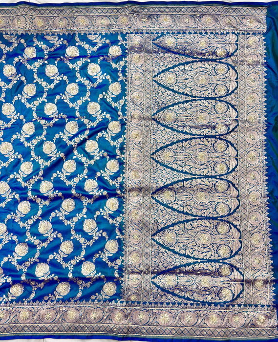 German Blue Pure Katan Banarasi Handloom Saree - All over Zardozi