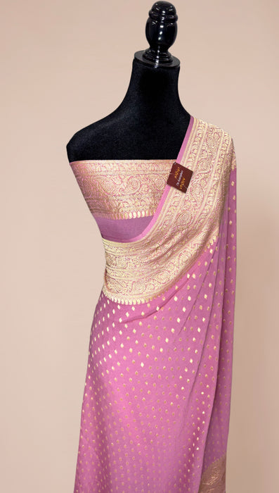 Soft Fuchsia Khaddi Georgette Banarasi Handloom Saree - Water Zari