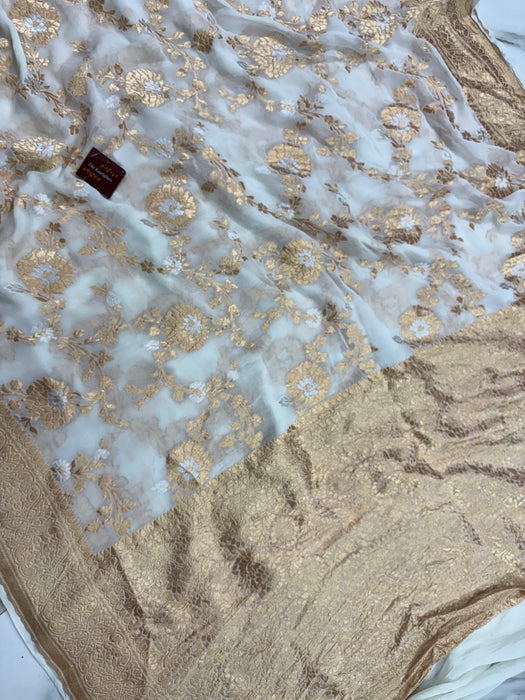 White Khaddi Georgette Banarasi Handloom Saree - Sona Roopa