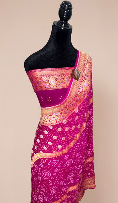 Handwoven Rani Pure Georgette Bandhani Banarasi Saree - All over Bandhani Work