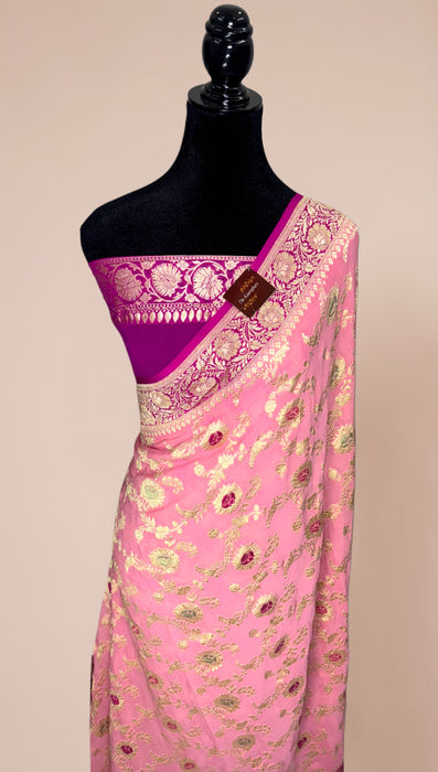Pink Khaddi Georgette Banarasi Handloom Saree - Meenakari