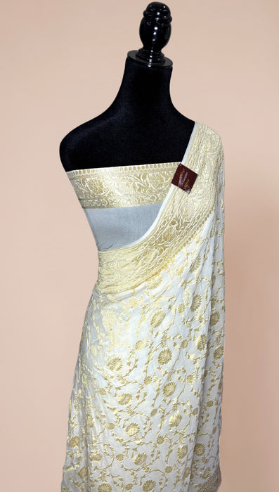 White Khaddi Georgette Banarasi Handloom Saree - Water Zari