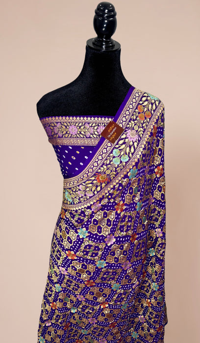 Handwoven Purple Pure Georgette Bandhani Banarasi Saree - Meenakari