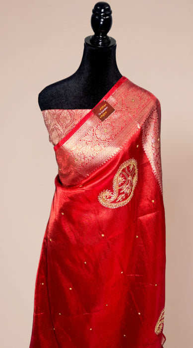 Red Pure Banarasi Tissue Handloom Saree - Handwork