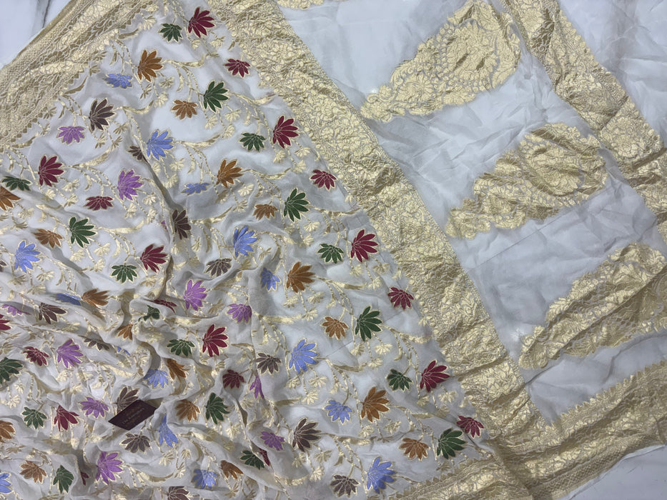 White Khaddi Georgette Banarasi Handloom Saree - Meenakari