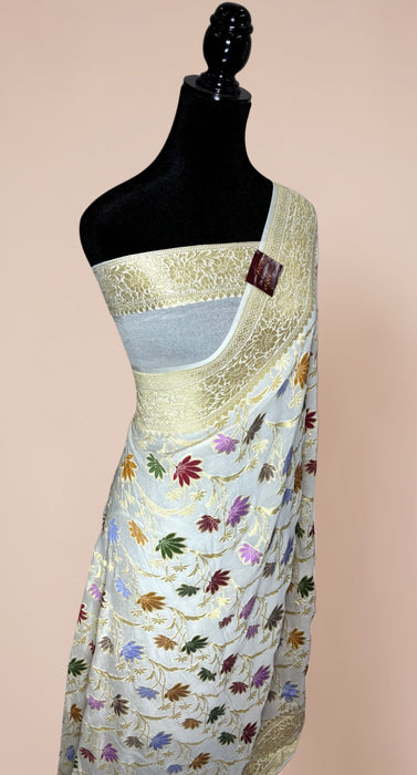 White Khaddi Georgette Banarasi Handloom Saree - Meenakari