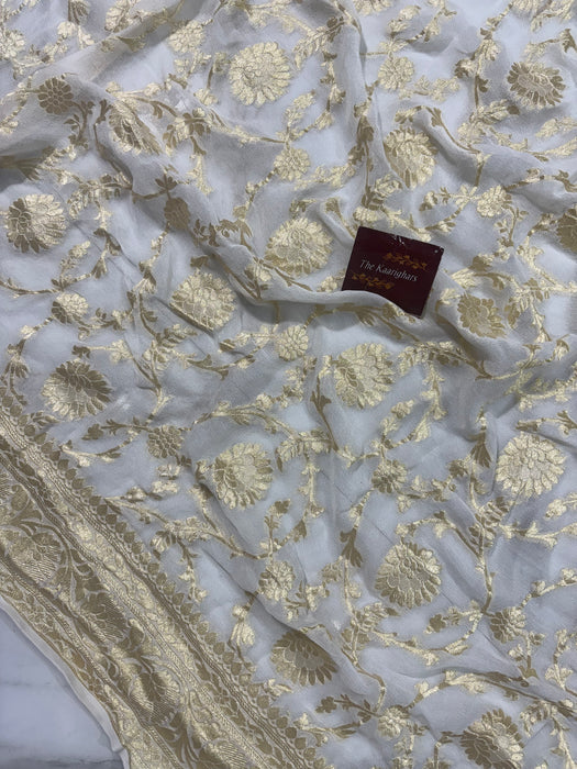 White Khaddi Georgette Banarasi Handloom Saree - Water Zari