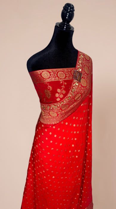 Blood Red Pure Khaddi Crepe Banarasi Handloom Saree - Designer Bordee