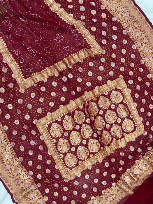 Handwoven Maroon Pure Georgette Bandhani Banarasi Saree - All over Bandhani Work