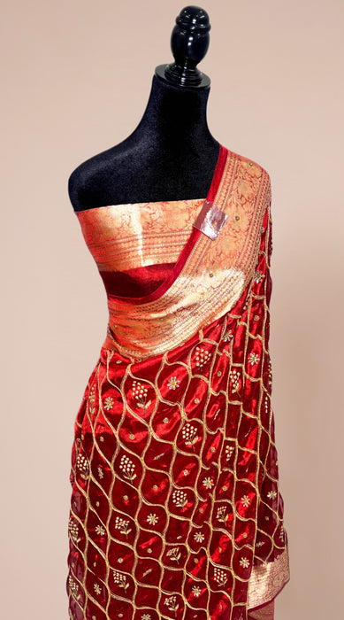 Red Pure Banarasi Tissue Handloom Saree - Handwork
