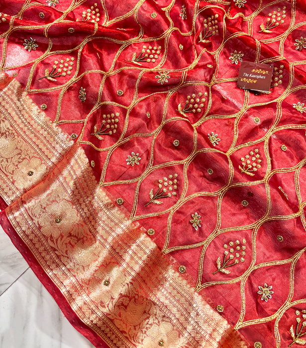 Red Pure Banarasi Tissue Handloom Saree - Handwork