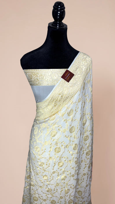 White Khaddi Georgette Banarasi Handloom Saree - Water Zari