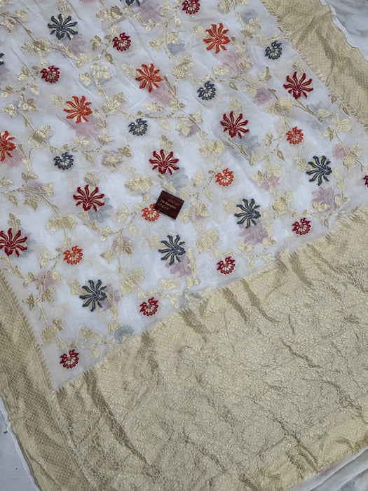 White Khaddi Georgette Banarasi Handloom Saree - Meenakari