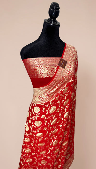 Red Khaddi Georgette Banarasi Handloom Saree - Water Zari