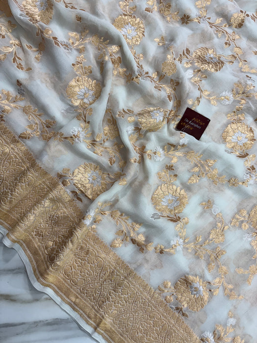 White Khaddi Georgette Banarasi Handloom Saree - Sona Roopa