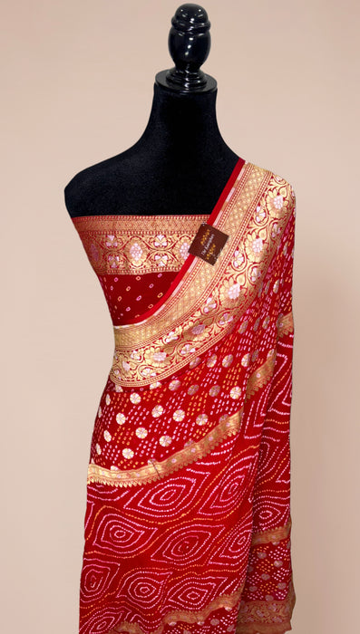 Handwoven Red Pure Georgette Bandhani Banarasi Saree - All over Bandhani Work