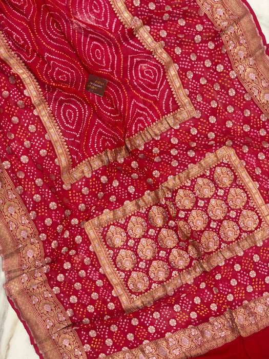 Handwoven Red Pure Georgette Bandhani Banarasi Saree - All over Bandhani Work