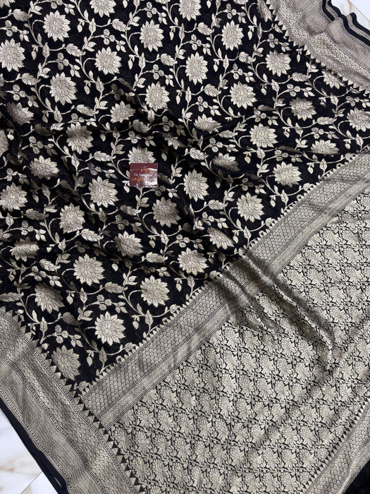 Black Khaddi Georgette Banarasi Handloom Saree - Water Zari