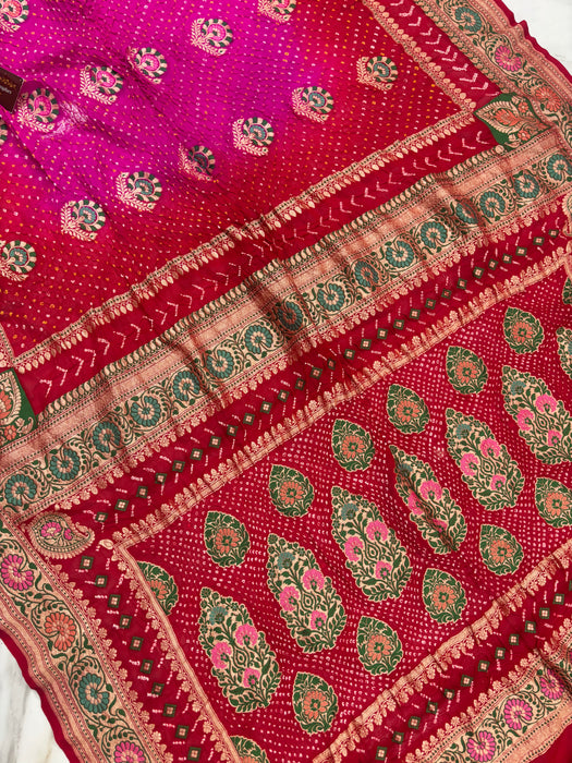 Handwoven Pure Georgette Bandhani Banarasi Saree - Meenakari