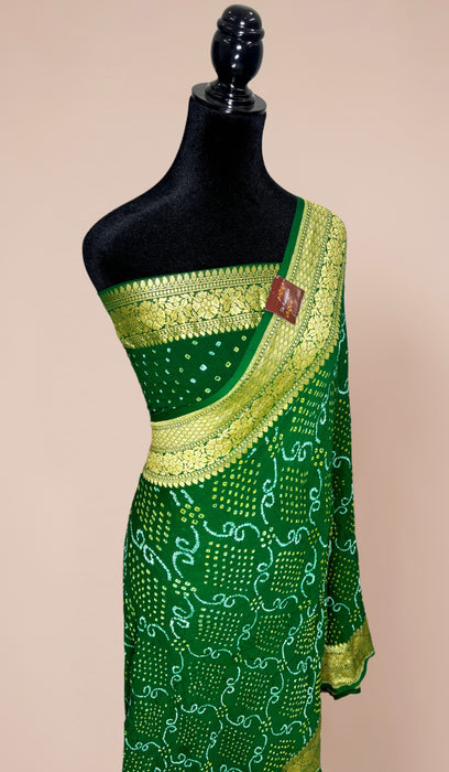 Handwoven Green Pure Georgette Bandhani Banarasi Saree - All over Bandhani Work