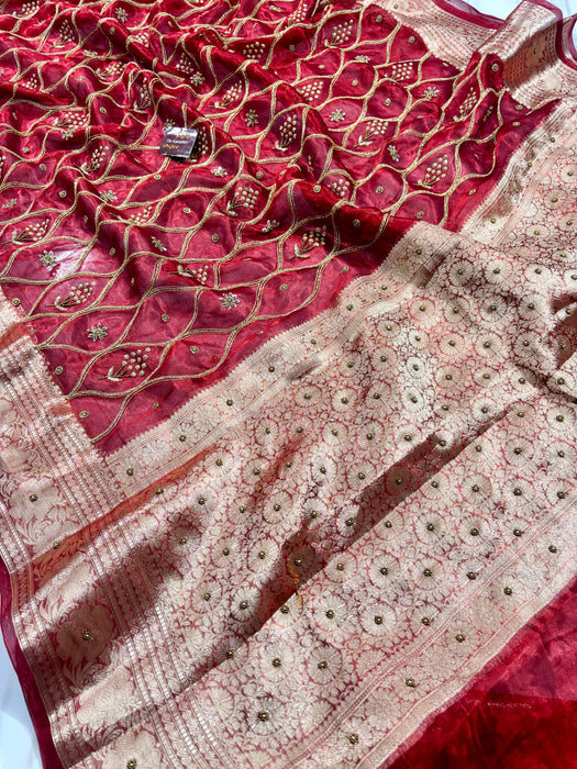 Red Pure Banarasi Tissue Handloom Saree - Handwork